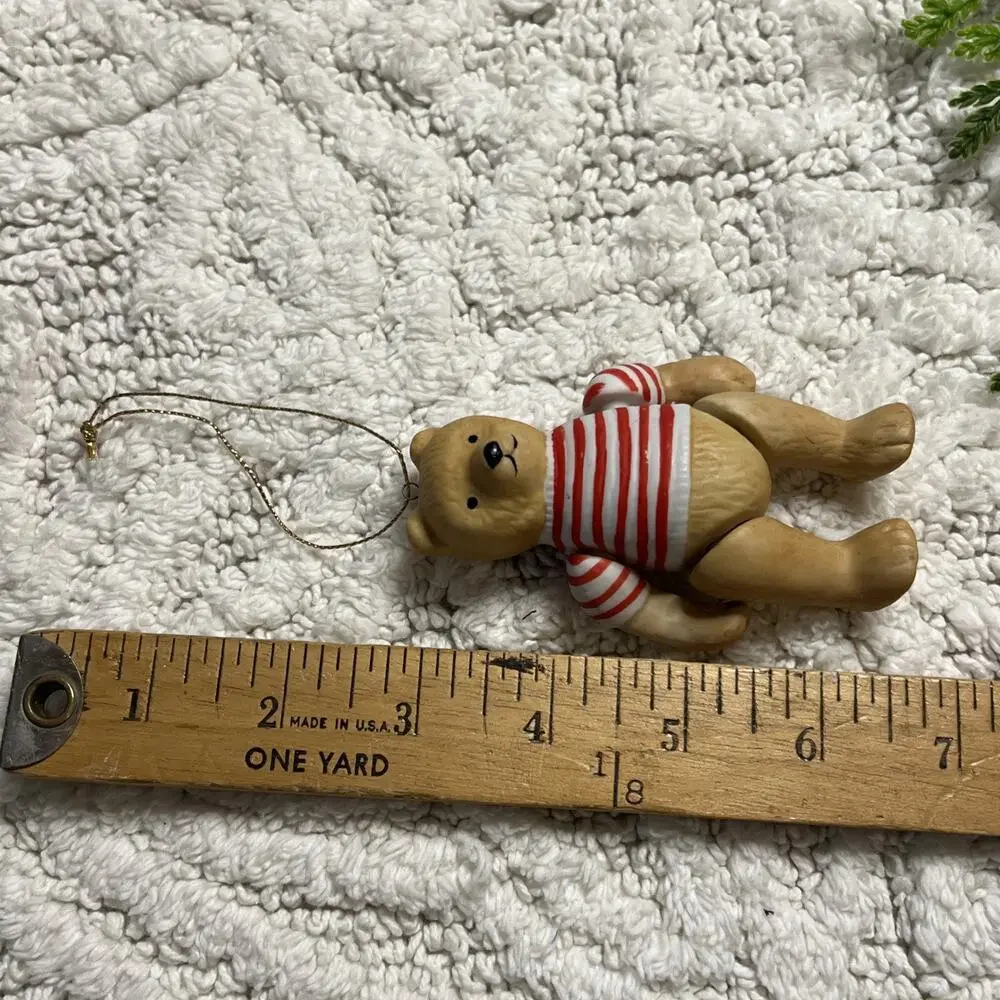 Vintage Jointed Ceramic Teddy Bear Ornament Striped Red White Preppy Nautical